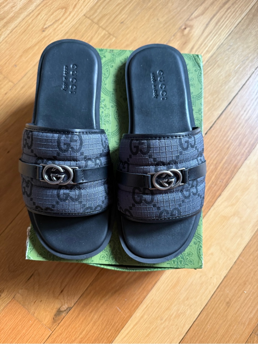 Gucci Black & Gray GG Logo Slide Sandals with Silver Double-G
